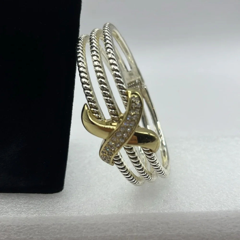 Rope Bracelet Love Crossover Silver Tone Cable Hinged Rhinestone Bangle Chunky